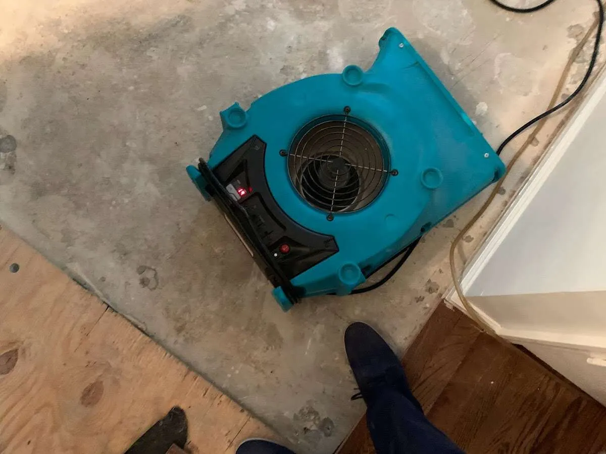 Air mover drying subfloor during Commercial Water Damage Restoration in Gunnison